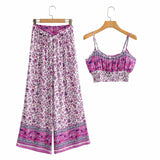Boho Vintage Pattern Print Women 2 Piece Set Spring Midriff Baring Wide Leg Pant Retro Chic Beach Vacation Women Set