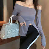 Nukty New Women's Slim Off-shoulder Full Sleeve T-shirts Girls Solid Stretchy Irregular Split Tshirt Tops Slash Neck Tees