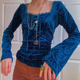 Nukty Y2K Vintage Paisley Print T-Shirts Autumn Women's Lace Trim Square Collar Fairycore Grunge Pullover Flare Sleeve Tops
