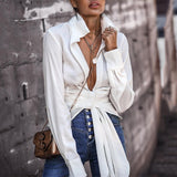 Classic White Shirt Women Long Sleeve Blouse Lace Up Knot OL Belt Blouses Shirts Female Tunic Summer Beachwear Sexy Top Shirt