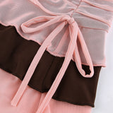 Nukty Y2K Aesthetic Pleated Skirts Women Low Waist Ruffles Mini Skirt Patchwork Pink Mesh Cute Kawaii Brown Bodycon Vintage Clothes