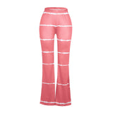 NUKTY Summer Women Casual Flare Pants Milk Silk High Waist Sexy Wide Leg Elastic Stripe Trousers Fashion Soft Stretchy Loose Bottoms