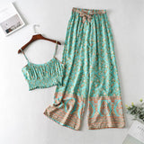 Boho Vintage Pattern Print Women 2 Piece Set Spring Midriff Baring Wide Leg Pant Retro Chic Beach Vacation Women Set
