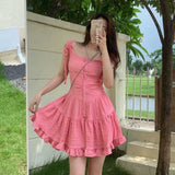 Nukty Japanese Kawaii Princess Dress Women Pink Fairy Ruffles Party Mini Dress Female Summer Korean Puff Sleeve Slim Sweet Dress
