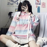 Nukty Striped T-shirts Women Rainbow Japanese Style Kawaii Pink Loose Leisure BF Harajuku College Students Female Top Lady Comfortable