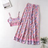 Boho Vintage Pattern Print Women 2 Piece Set Spring Midriff Baring Wide Leg Pant Retro Chic Beach Vacation Women Set