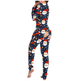 Nukty Women's Christmas Print Sexy Pyjama Front Back Button-Down Functional Buttoned Flap Sleepwear Long Sleeve Adults Jumpsuit