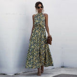 Summer Long Floral Halter Dress Women New Casual Slim Leopard Bandage Ladies Dot Print Beach Style Maxi Dresses