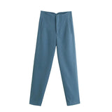 Nukty Woman Spring Autumn Blue Pants Women's Summer Trousers High Waist Pants Office Trouser Fashion Button Up Pant