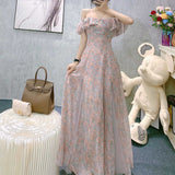 Nukty Vintage Chiffon Midi Dress Women Floral Print Design Korean Party Split Dress Female Summer Evening Beach Boho Dress Casual