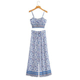 Boho Vintage Pattern Print Women 2 Piece Set Spring Midriff Baring Wide Leg Pant Retro Chic Beach Vacation Women Set
