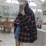 Nukty Female Autumn Street Blouse Shirts Vintage Oversized Plaid Flannel Boyfriend Tunic Shirt for Women Casual Korean Tops