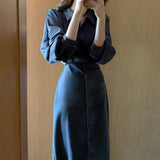 Nukty Vintage Evening Shirt Dresses for Women Party Fashion High Waist Korean Lace Up Long Woman Dress Elegant Autumn Vestidos
