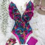 Nukty New Sexy Ruffle Print Floral One Piece Swimsuit Off The Shoulder Swimwear Women Solid Deep-V Beachwear Bathing Suit Monkini