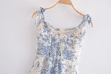 Nukty Summer New Lace Up Bowknot Strap High Waist French Vintage Printed Ruffle Dress Female Fashion Midi Dresses Women