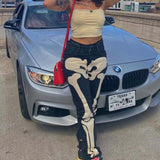 Skull Print Pant Bodycon Casual Zipper Pants Y2k Autumn High Waist Button Fashion Vintage Women Ghotic Denim Straight Pant