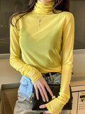 Nukty Size M-3XL Girls Colorful Mesh T-Shirts Tees Female Transparent Long Sleeve Turtleneck Thin Tshirt Tops Women Spring Fall