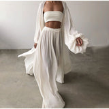 NUKTY Sexy Women Three Piece Sets Fashion Casual Wrap Solid Tops And Wide Leg Pants Suits Homewear Elegant Soft Female 3 Piece Outfits