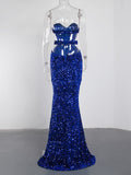 Royal Blue Sparkles Stretch Sequin Strapless Floor Length Party Dress Padded Backless Split Evening Night Sleeveless Dress