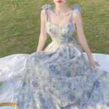 Nukty Elegant Long Flower Strap Dress Women Vintage Sweet Print Korean Slip Fairy Dress Casual Calssy Party Princess Dress Summer
