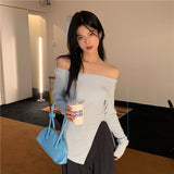 Nukty New Women's Slim Off-shoulder Full Sleeve T-shirts Girls Solid Stretchy Irregular Split Tshirt Tops Slash Neck Tees