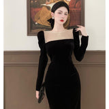 Nukty Black Elegant Evening Midi Dress Women Bodycon France Vintage Velvet Party Dress Ladies Korean Fashion Chic Dresses Autumn