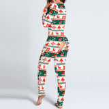 Nukty Women's Christmas Print Sexy Pyjama Front Back Button-Down Functional Buttoned Flap Sleepwear Long Sleeve Adults Jumpsuit