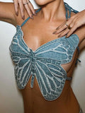 Butterfly Tube Tops Denim Lace-up Corset Sexy Outfits Halter Neck Backless Cami Streetwear Y2K Clothes Black Crop Top Strapless