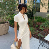 Button Women's Bodycon Dress White Sexy Slim Single Breasted Turndown Collar Summer Dress Casual Split Midi Dress Streetwear