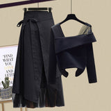 Nukty Women Sets Mesh Patchwork Slash Neck Tops + Asymmetric Skirt 2 Piece Suit Female Party Suits Elegant Casual Two Piece Set