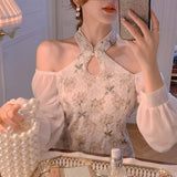 Nukty Elegant Vintage Cheongsam Dress Women Patchwork Floral Korean Split Party Dress Lady Casual Design Long Sleeve Fairy Midi Dress