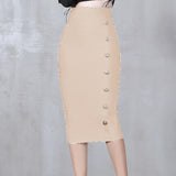Summer Elegant Midi Pencil Skirt High Waist Bandgae Skirt Black Elastic Bandage Skirts Button Women Clothes