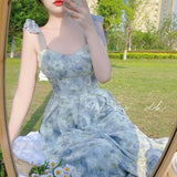 Nukty Elegant Long Flower Strap Dress Women Vintage Sweet Print Korean Slip Fairy Dress Casual Calssy Party Princess Dress Summer