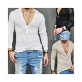 Nukty US Stock Fashion Men Casual Slim Fit Long Sleeve Deep V-neck Sexy Shirt T-shirts