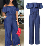 Nukty Fashion Casual Women Solid Off Shoulder Long Romper Jumpsuit Bodysuit Overall Wide Legs