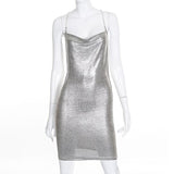 Bling Fabric Metal Chain Patchwork Mini Dresses Deep V Neck Sleeveless Backless Skinny Dress Night Party Club New Fashion