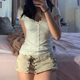 hirigin Summer Y2K Tops For Women Lace Trim Kawaii Clothes Button Up Square Collar Short Sleeve Slim Sweet Vintage T-Shirts