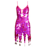Nukty Women Boho Sequin Fish Scales Tassel Dress Belly Dance Performance Sparkly Dress Festival Clothes Rave Party Costume