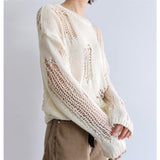 Autumn New Korean Style Long-sleeved Sexy Hole Sweater Asymmetric Hem Loose Pullover Hollow Out Thin Knit Sweater Jumper Tops