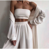 NUKTY Sexy Women Three Piece Sets Fashion Casual Wrap Solid Tops And Wide Leg Pants Suits Homewear Elegant Soft Female 3 Piece Outfits