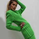 Women Knitted Pullover Sets Casual Winter Long Skinny Sweater Tops Striped Long Sleeve Jumper Ribbed Knitted Trousers Suit