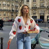 Jastie Winter Fashion Women's Cardigans Strawberry Pattern Single-Breasted V-Neck Puff Sleeve Loose Sweater кардиган