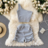 Nukty Casual Women 2 Piece Set Solid Summer Fashion One Shoulder Sleeveless Crop Top and Drawstring Shorts Workout Tracksuits
