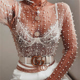 Nukty Pearl Top Women Mesh Top Spring Ladies Long Sleeve Transparent Sexy Top Cover Up Clubwear
