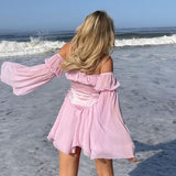 Chiffon Summer Dress Pink Bandage Corset Vintage Dress Bridesmaid Slash Hollow Out Bustier Prairie Chic Dress 2 Pieces Set
