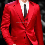 Nukty Slim Fit Red Men Suits for Prom Singer Stage 3 Piece Satin Wedding Groom Tuxedo Male Fashion Jacket Waistcoat with Pants