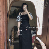 Nukty Summer Patchwork Vintage Dress Women Button Designer Floral Print Korean Spilt Dress Ruffles Chiffon Casual Midi Dresses