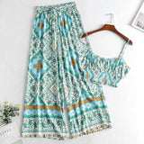 Boho Vintage Pattern Print Women 2 Piece Set Spring Midriff Baring Wide Leg Pant Retro Chic Beach Vacation Women Set
