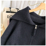 Solid Sweater Cardigan Women Sailor Collar Knitted Sweater Coats Casual Loose Zip Up Korean Fashion Knitwear Chic Tops