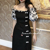 Nukty Summer Patchwork Vintage Dress Women Button Designer Floral Print Korean Spilt Dress Ruffles Chiffon Casual Midi Dresses